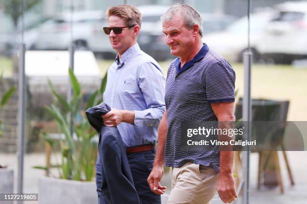 Horse Trainer Darren Weir arrives with Jarrod McLean at a hearing at Racing Victoria on February 04, 2019 in Melbourne, Australia.