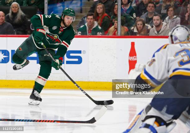 Anthony Bitetto of the Minnesota Wild takes a shot on Jake Allen of the St. Louis Blues during a game at Xcel Energy Center on February 24, 2019 in...