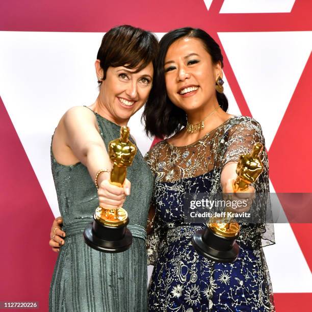 Best Animated Short Film winners for 'Bao' Domee Shi and Becky Neiman-Cobb pose in the press room during at Hollywood and Highland on February 24,...