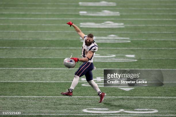 Julian Edelman of the New England Patriots celebrates after defeating the Los Angeles Rams in Super Bowl LIII at Mercedes-Benz Stadium on February...