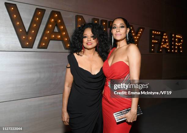 Diana Ross and Tracee Ellis Ross attend the 2019 Vanity Fair Oscar Party hosted by Radhika Jones at Wallis Annenberg Center for the Performing Arts...