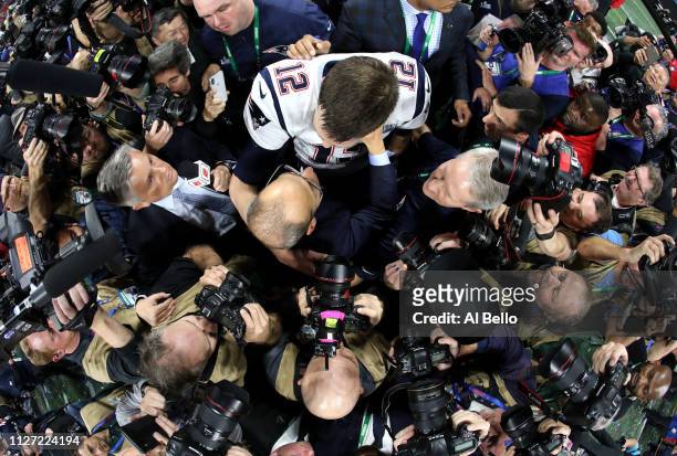 Team president Jonathan Kraft of New England Patriots and Tom Brady celebrate their teams 13-3 win over the Los Angeles Rams in Super Bowl LIII at...