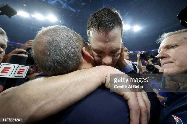 Team president Jonathan Kraft of New England Patriots and Tom Brady celebrate their teams 13-3 win over the Los Angeles Rams in Super Bowl LIII at...
