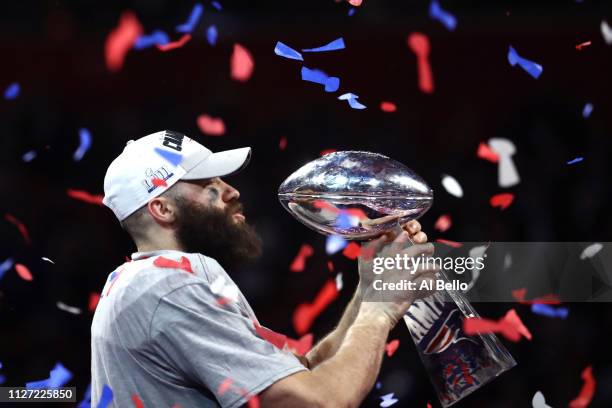 Julian Edelman of the New England Patriots celebrates with the Vince Lombardi Trophy after his teams 13-3 win over the Los Angeles Rams during Super...