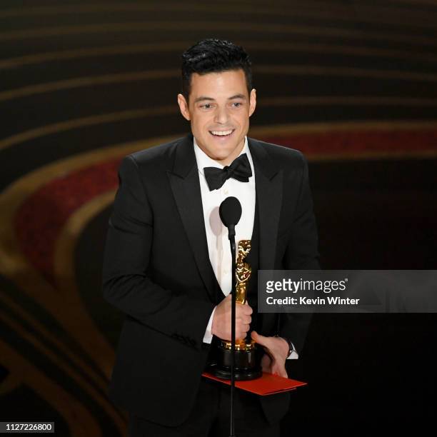 Rami Malek accepts the Actor in a Leading Role award for &#39;Bohemian Rhapsody&#39; onstage during the 91st Annual Academy Awards at Dolby Theatre...