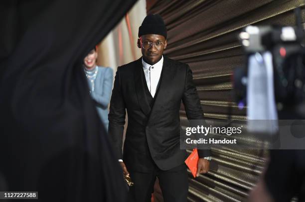 In this handout provided by A.M.P.A.S., Best Actor in a Supporting Role winner Mahershala Ali poses backstage during the 91st Annual Academy Awards...