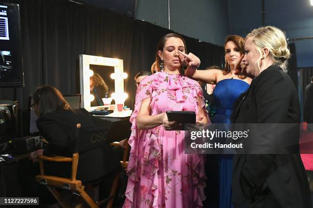 In this handout provided by A.M.P.A.S., Maya Rudolph, Tina Fey, and Amy Poehler pose backstage during the 91st Annual Academy Awards at the Dolby...