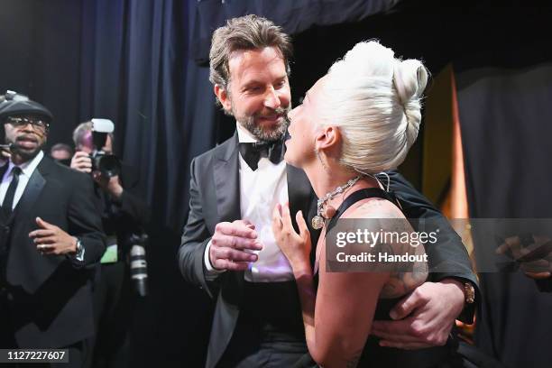 In this handout provided by A.M.P.A.S., Bradley Cooper and Lady Gaga pose backstage during the 91st Annual Academy Awards at the Dolby Theatre on...