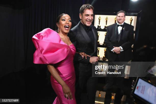 In this handout provided by A.M.P.A.S., Angela Bassett and Javier Bardem pose backstage during the 91st Annual Academy Awards at the Dolby Theatre on...