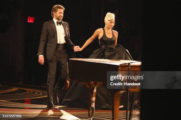 In this handout provided by A.M.P.A.S., Bradley Cooper and Lady Gaga perform onstage during the 91st Annual Academy Awards at the Dolby Theatre on...