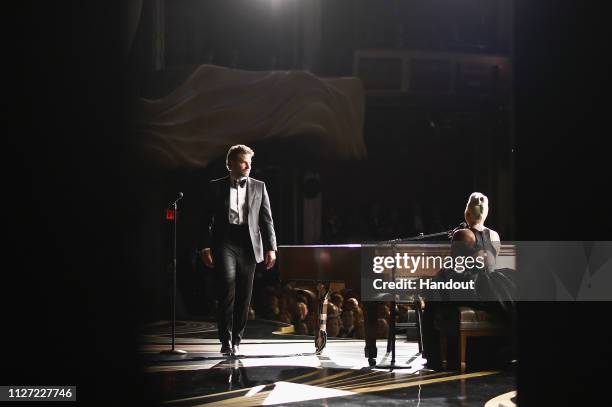 In this handout provided by A.M.P.A.S., Bradley Cooper and Lady Gaga perform onstage during the 91st Annual Academy Awards at the Dolby Theatre on...