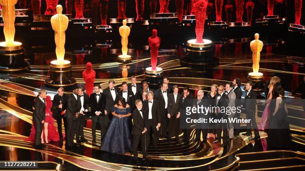 Cast and crew of 'Green Book' accept the Best Picture award onstage during the 91st Annual Academy Awards at Dolby Theatre on February 24, 2019 in...