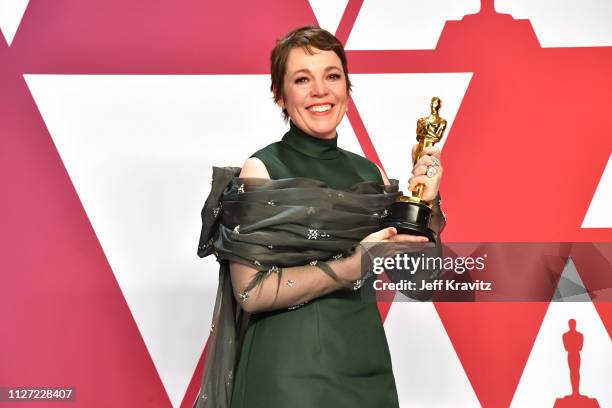 Winner Olivia Colman with the Best actress award for the film 'The Favourite' poses in the press room during at Hollywood and Highland on February...