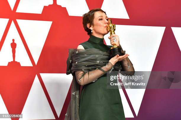 Winner Olivia Colman with the Best actress award for the film 'The Favourite' poses in the press room during at Hollywood and Highland on February...