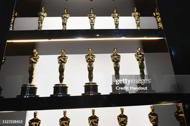 In this handout provided by A.M.P.A.S., Oscar statues are seen backstage during the 91st Annual Academy Awards at the Dolby Theatre on February 24,...