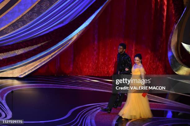 Actor Chadwick Boseman and actress Constance Wu arrive to present an award during the 91st Annual Academy Awards at the Dolby Theatre in Hollywood,...