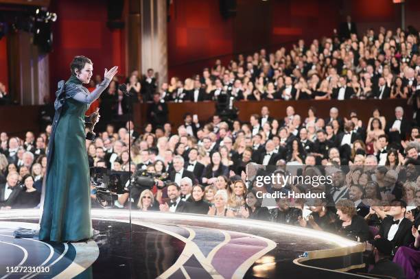 In this handout provided by A.M.P.A.S., Olivia Colman accepts the Actress in a Leading Role award for 'The Favourite' onstage during the 91st Annual...