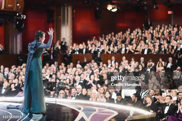 In this handout provided by A.M.P.A.S., Olivia Colman accepts the Actress in a Leading Role award for 'The Favourite' onstage during the 91st Annual...