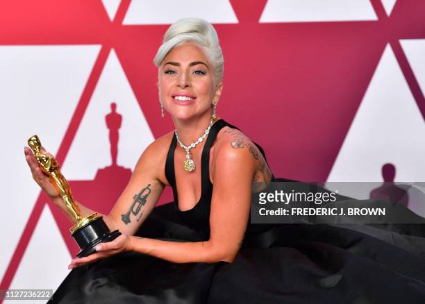 Best Original Song winner for "Shallow" from "A Star is Born" Lady Gaga poses in the press room with the Oscar during the 91st Annual Academy Awards...