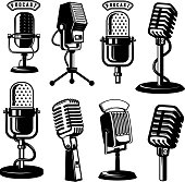 Set of retro style microphone icons isolated on white background. Design element for label, emblem, sign, poster.
