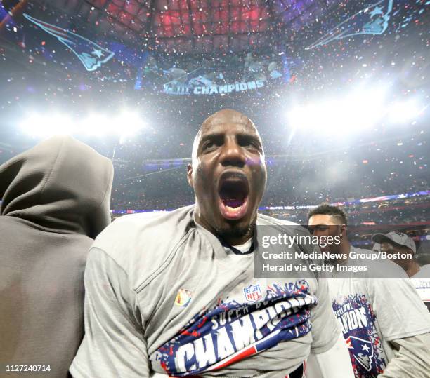 TATLANTA GA. New England Aptriots Duron Harmon screams in joy after the Patriots won their sixth Super Bowl at Super Bowl LIII at Mercedes-Benz...