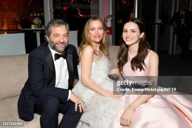 Judd Apatow, Leslie Mann, and Maude Apatow attend the 2019 Vanity Fair Oscar Party hosted by Radhika Jones at Wallis Annenberg Center for the...