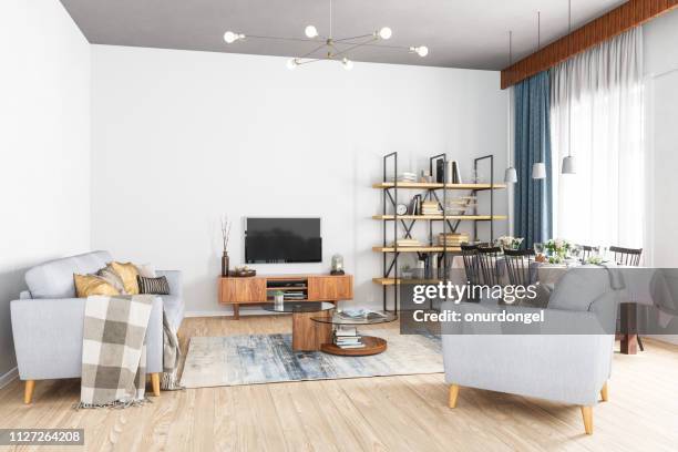 modern living room, smart tv and dining room - book minimal stock pictures, royalty-free photos & images