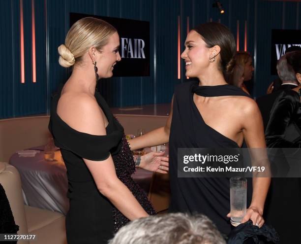 Ashlee Simpson and Jessica Alba attend the 2019 Vanity Fair Oscar Party hosted by Radhika Jones at Wallis Annenberg Center for the Performing Arts on...