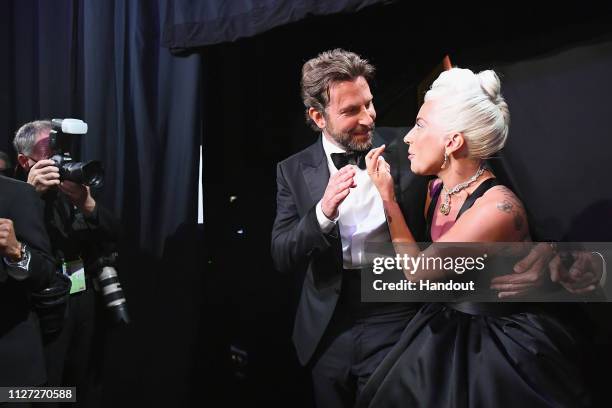 In this handout provided by A.M.P.A.S., Bradley Cooper and Lady Gaga pose backstage during the 91st Annual Academy Awards at the Dolby Theatre on...