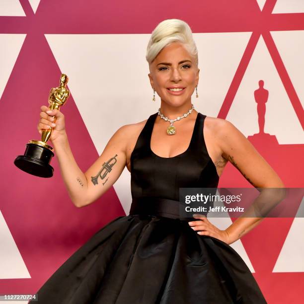 Lady Gaga, winner of Best Original Song for 'Shallow' from 'A Star is Born' poses in the press room during the 91st Annual Academy Awards at...