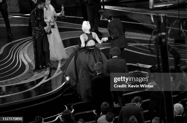 Image has been converted to black and white.) Lady Gaga and Bradley Cooper perform onstage during the 91st Annual Academy Awards at Dolby Theatre on...