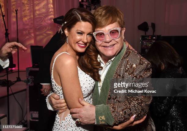 Hilary Roberts and Sir Elton John attend the 27th annual Elton John AIDS Foundation Academy Awards Viewing Party sponsored by IMDb and Neuro Drinks...