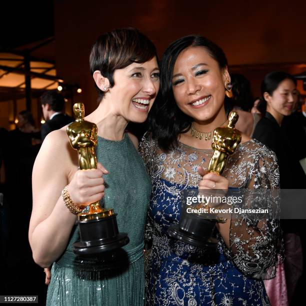 Becky Neiman-Cobb and Domee Shi, winners of the Short Film award for 'Bao' attend the 91st Annual Academy Awards Governors Ball at Hollywood and...