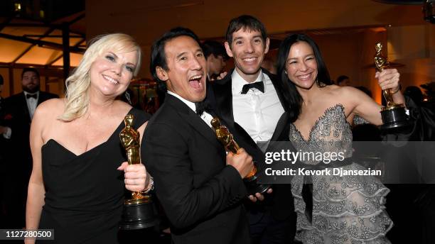 Shannon Dill, Jimmy Chin, Alex Honnold, and Elizabeth Chai Vasarhelyi, winners of the Documentary award for 'Free Solo' attend the 91st Annual...