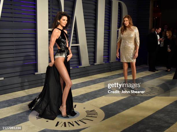 Kendall Jenner and Caitlyn Jenner attend the 2019 Vanity Fair Oscar Party hosted by Radhika Jones at Wallis Annenberg Center for the Performing Arts...