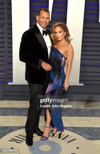 Alex Rodriguez and Jennifer Lopez attend the 2019 Vanity Fair Oscar Party hosted by Radhika Jones at Wallis Annenberg Center for the Performing Arts...