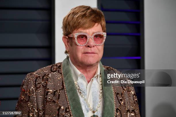 Elton John attends the 2019 Vanity Fair Oscar Party hosted by Radhika Jones at Wallis Annenberg Center for the Performing Arts on February 24, 2019...