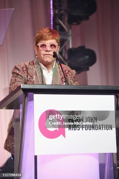Sir Elton John, speaks during the 27th annual Elton John AIDS Foundation Academy Awards Viewing Party sponsored by IMDb and Neuro Drinks celebrating...