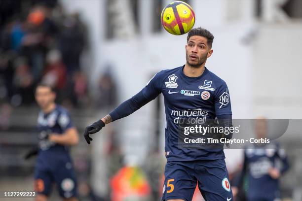 February 3: Pedro Mendes of Montpellier in action during the Nimes V Montpellier, French Ligue 1, regular season match at Stade des Costières on...