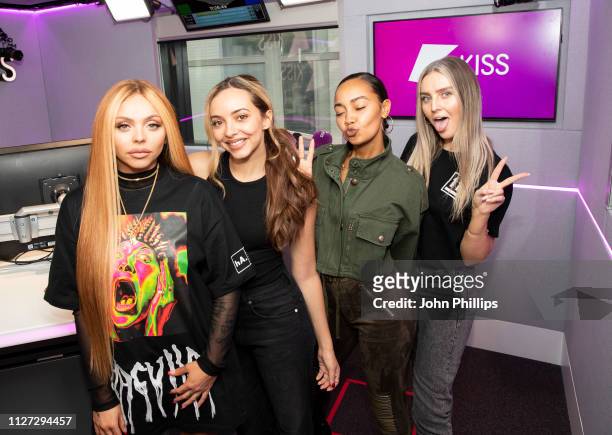 Jesy Nelson, Jade Thirlwall, Leigh-Anne Pinnock and Perrie Edwards of Little Mix visit Kiss FM on February 04, 2019 in London, England.