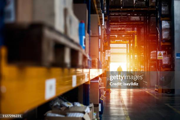 magazijn interieur bij zonsondergang - vrijwilliger bedrijf stockfoto's en -beelden