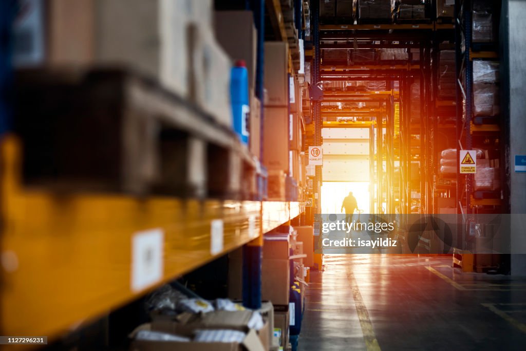Warehouse interior at sunset