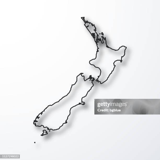 new zealand map - black outline with shadow on white background - nz map stock illustrations