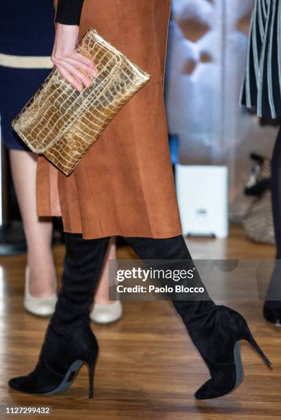 Queen Letizia of Spain, handbag and boots detail, attends the forum against cancer 'Por Un Enfoque Integral' at CaixaForum on February 04, 2019 in...