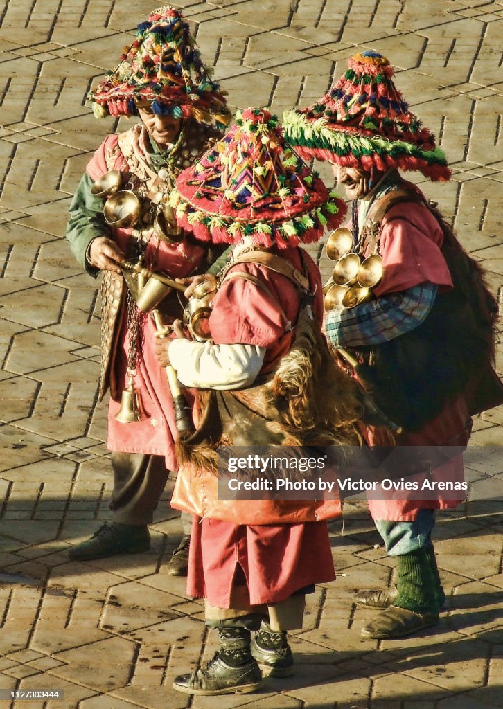 Traditional water sellers in Jemaa el-Fnaa square in Marrakech, Morocco