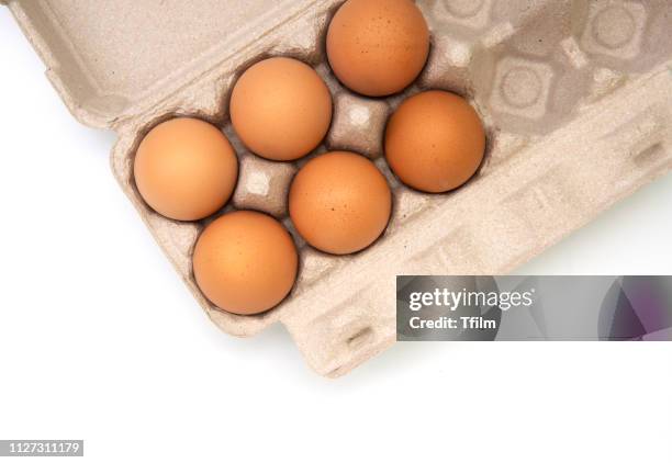 top view of raw chicken eggs in egg box on on white background. - carton of eggs stock pictures, royalty-free photos & images