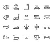 Balance flat line icons set. Weight measurement tools, diet scales, trade, electronic industrial scale calibration vector illustrations. Thin sign justice concept. Pixel perfect 64x64 Editable Stroke
