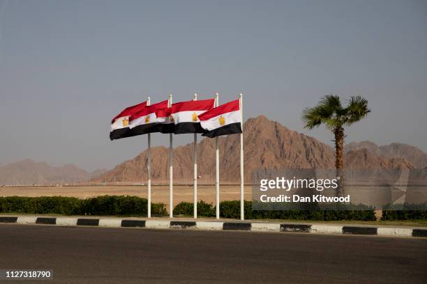 Egyptian flags fly during the first Arab-European Summit on February 25, 2019 in Sharm El Sheikh, Egypt. Leaders from European and Arab nations are...