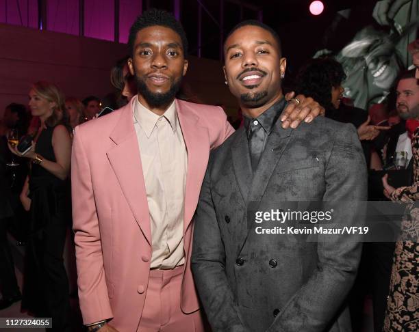 Chadwick Boseman and Michael B. Jordan attend the 2019 Vanity Fair Oscar Party hosted by Radhika Jones at Wallis Annenberg Center for the Performing...