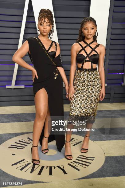 Chloe Bailey and Halle Bailey of Chloe X Halle attend the 2019 Vanity Fair Oscar Party hosted by Radhika Jones at Wallis Annenberg Center for the...